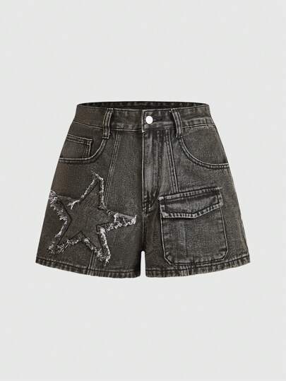Grunge Punk Free Punk Style Star Decorated Fringe Design Women Denim Shorts With Utility Pockets, School