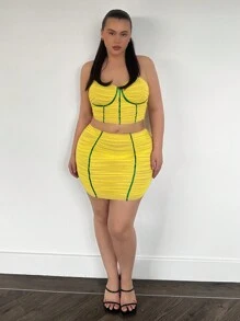 SHEIN SXY 加大碼女士短版貼身背心上衣和修身迷你半裙套裝,有褶皺 - 黃色 - 查看 1