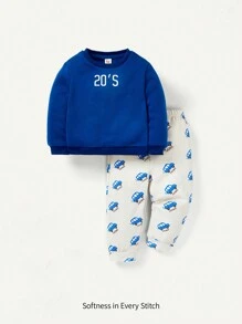 Cozy Pixies Baby Boy Letter Graphic Sweatshirt & Car Print Sweatpants - Blue and White - View 1