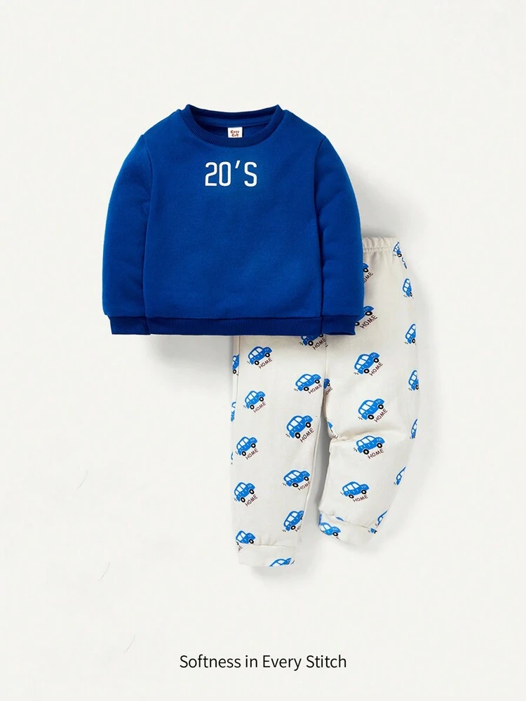 Baby Boy Letter Graphic Sweatshirt & Car Print Sweatpants