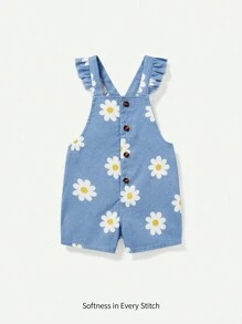 Cozy Pixies 嬰兒女孩牛仔和花卉圖案短褲套裝，帶有飄動袖子 - 藍色 - 查看 1