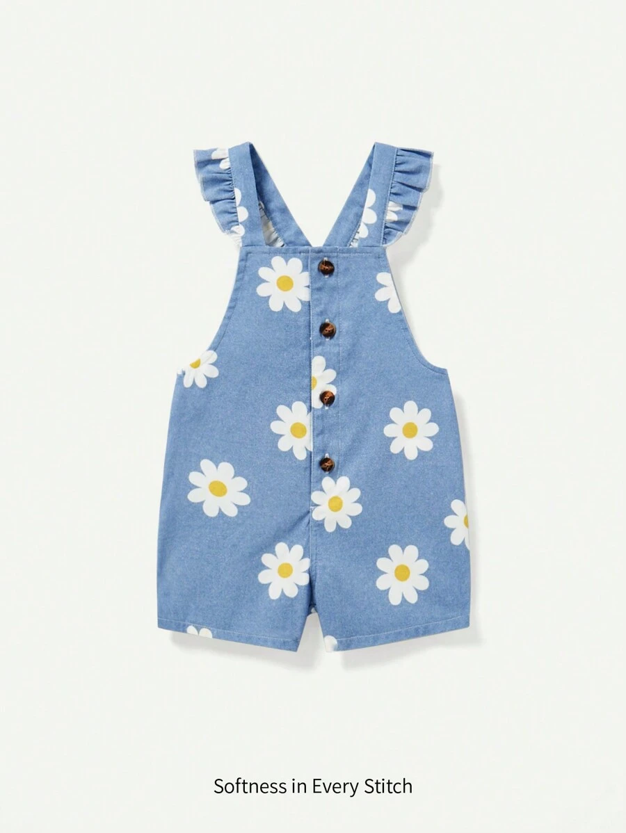 Cozy Pixies 嬰兒女孩牛仔和花卉圖案短褲套裝，帶有飄動袖子 - 藍色 - 查看 1