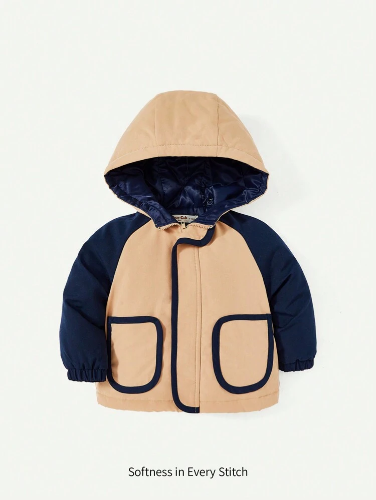 Baby Boy Two Tone Raglan Sleeve Contrast Binding Hooded Padded Coat