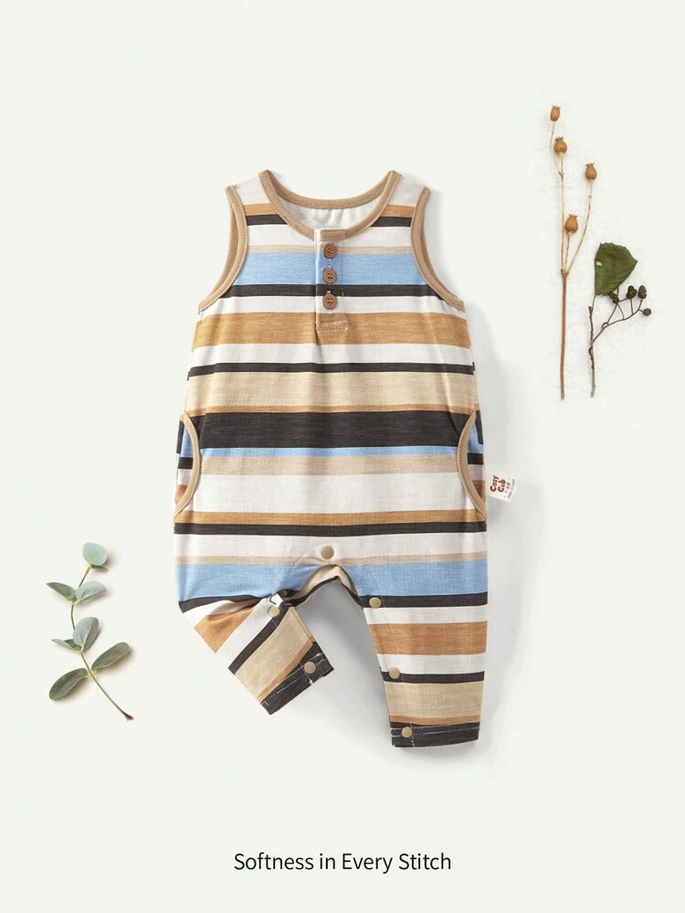 Newborn Baby Boy's Knitted Soft Contrast Stripe Round Neck Sleeveless Jumpsuit