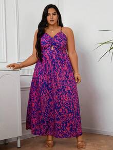 SHEIN VCAY Plus Size Women's Holiday Full-Print Front Knot Open Back Cami Dress - Purple - View 3