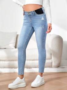 SHEIN Maternity Simple Washed Ripped Daily Wear Skinny Jeans Mom Jeans - Light Wash - View 1