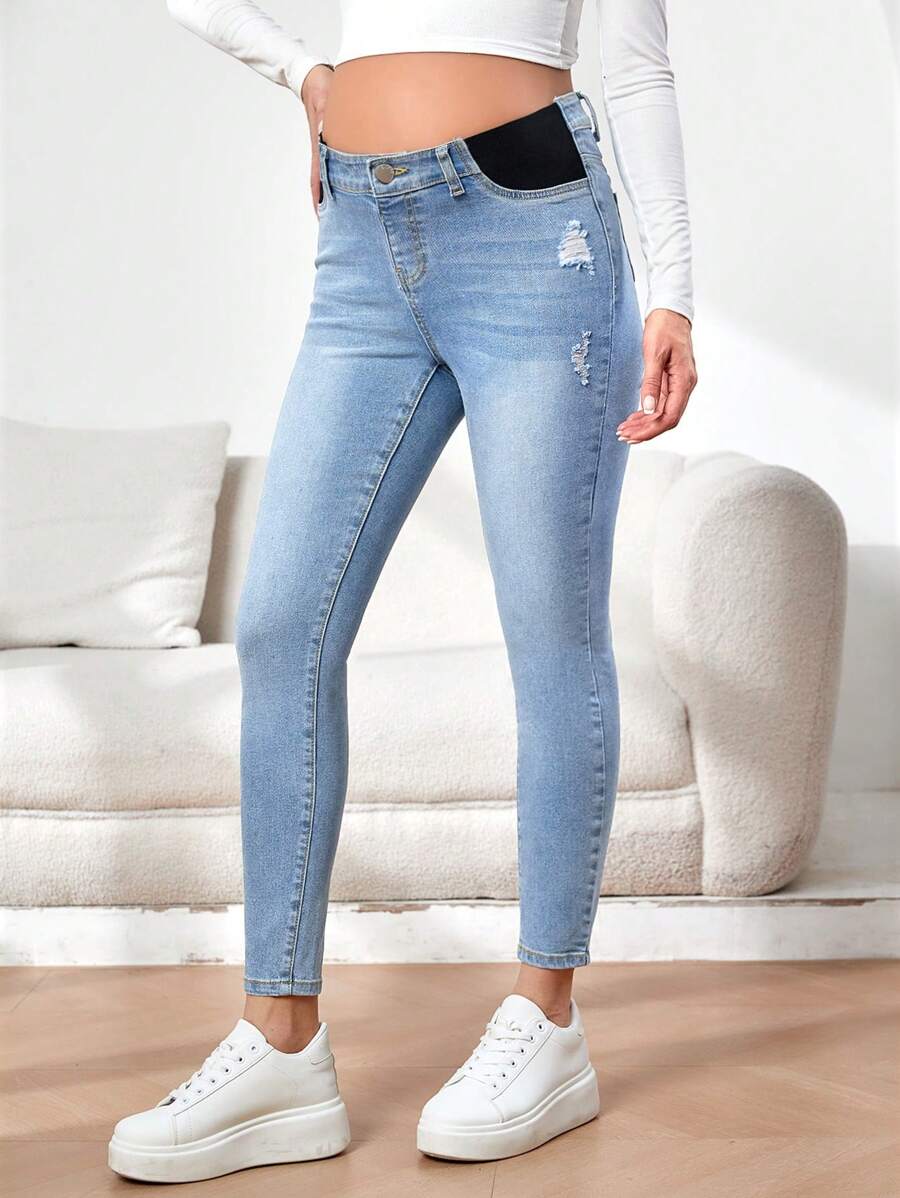 SHEIN Maternity Simple Washed Ripped Daily Wear Skinny Jeans Mom Jeans - Light Wash - View 1