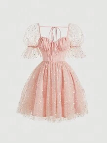 SHEIN MOD Kích thước lớn Của phụ nữ Màu hồng Kim sa Lưới Retro Xếp li Đầm - Hồng - Xem 1