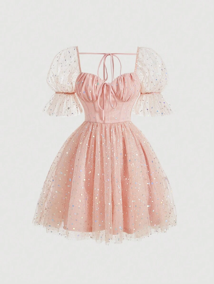 SHEIN MOD Kích thước lớn Của phụ nữ Màu hồng Kim sa Lưới Retro Xếp li Đầm - Hồng - Xem 1