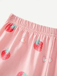 Cozy Pixies Conjunto de 4 piezas para bebé niña con patrón de fresas y ribete de volantes con decoración de lazo en la parte superior de manga corta y pantalones cortos a juego