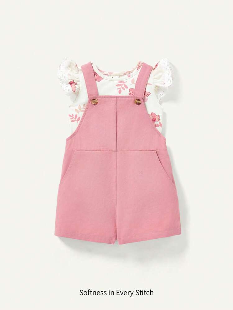 Baby Girl Floral Pattern Ruffled Collar Overalls Top And Shorts Set