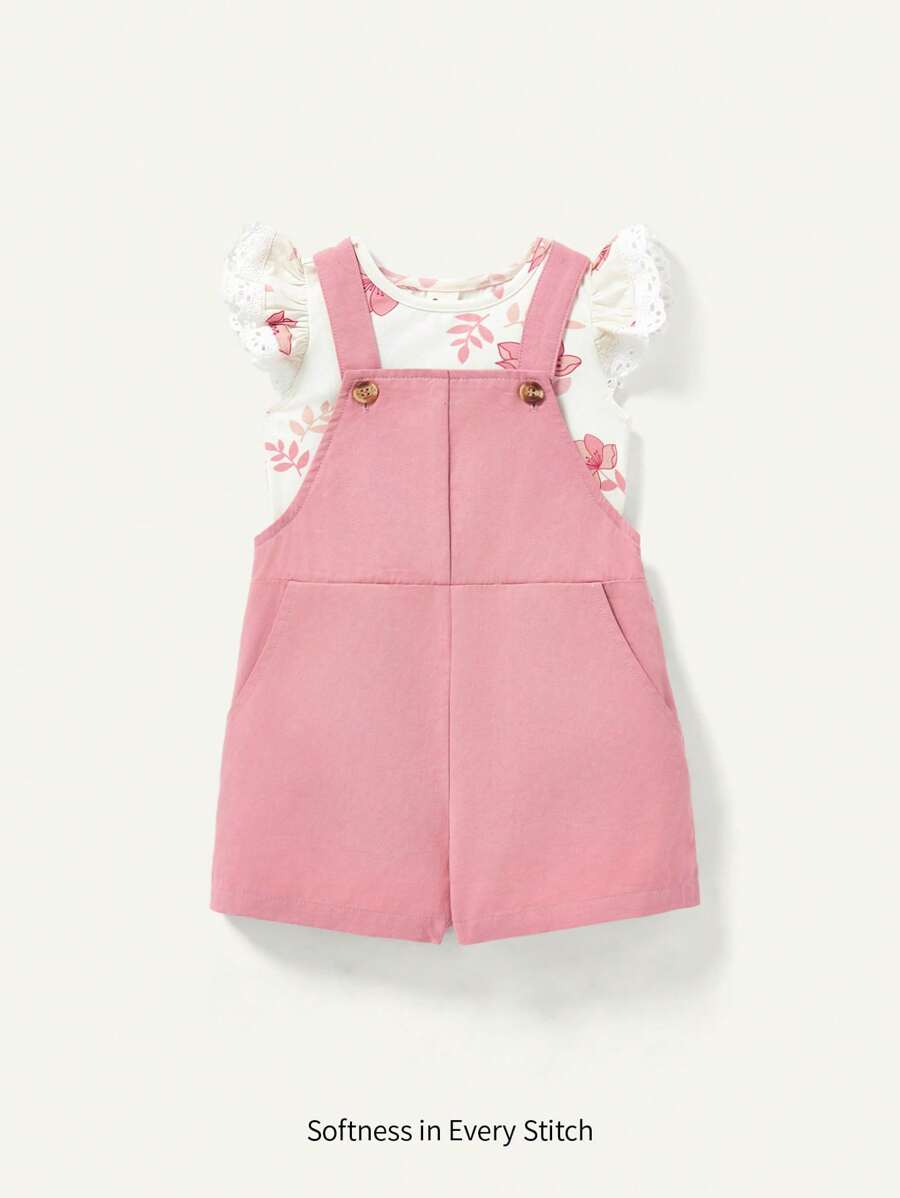 Cozy Pixies 嬰兒女孩花紋荷葉領連身褲上衣配短褲套裝 - 粉色 - 查看 1
