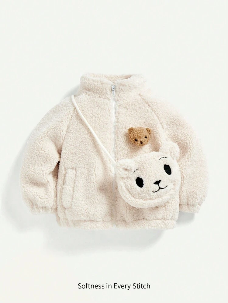 Baby Girl Zip Up Teddy Jacket With Bag