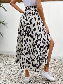 SHEIN Frenchy Allover Leopard Print Split Thigh Skirt Winter Brown - Khaki - View 2