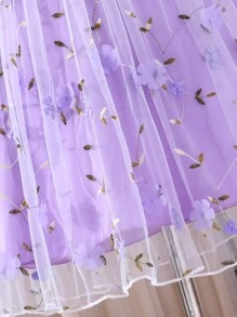 SHEIN 少女優雅網紗荷葉邊3D花朵蓬蓬公主禮服，低高大擺設計，適用於婚禮派對，春夏季 - 淡紫色 - 查看 6