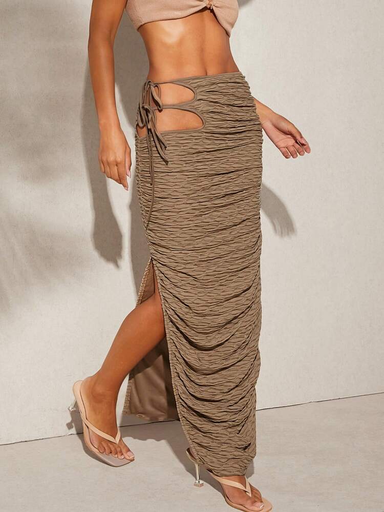 Tie Side Cut Out Split Textured Skirt