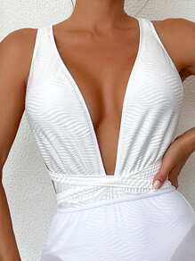 SHEIN Swim Women's Fashionable Solid Deep V-Neck One-Piece Swimsuit Summer