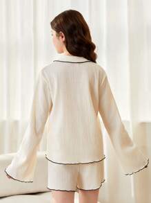 Teen Girl Cardigan Simplu Alb Maneca Lungi Cu Pantaloni Scurt Casual 2buc/Set Tinuta Acasă