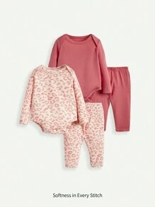Cozy Pixies Newborn Baby Girl Newborn 4Pcs/Set Long-Sleeved And Pants With Overlapping Shoulder Design Matching Sets - Pink - View 1