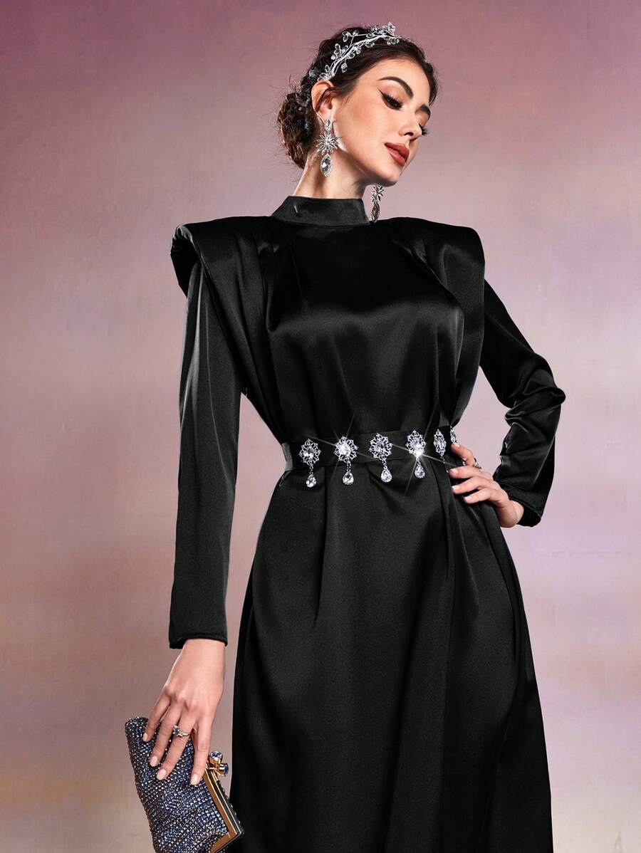 Modelyn Women Cap Sleeve Stand Collar Maxi Arabian Dress For Party - Black - View 1