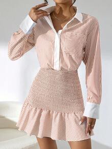 GENKIRA Women Stylish Summer Striped Long Sleeve Dress For Casual Wear - Pink - View 3