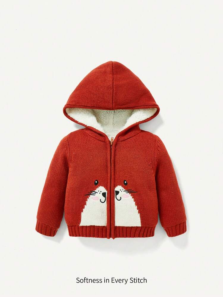 Baby Girl Cartoon Embroidery Hooded Teddy Lined Zip Up Cardigan