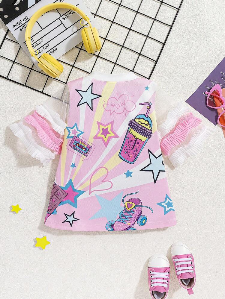 Baby Girl Sweet And Lovely Mesh Spliced Cartoon Printed Short Sleeve Round Neck Dress For Summer