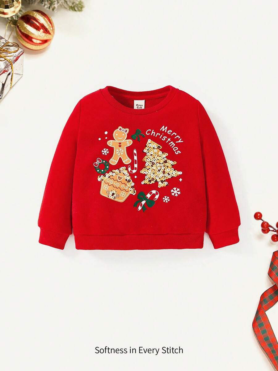 Baby Girl Christmas Print Sweatshirt,In Fall/Winter - Red - View 1
