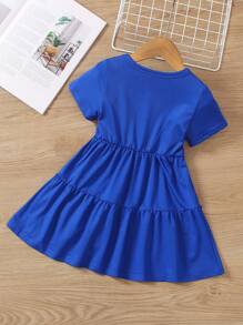 SHEIN Elladie kids 年輕女孩純色簡約圓領短袖裙，帶荷葉邊 - 寶藍色 - 查看 2