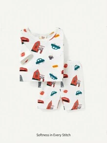 Cozy Pixies Baby Boy Snug-Fit Pajamas With Car Pattern Rounded Neck Short Sleeve Top And Short Set - Orange - View 1