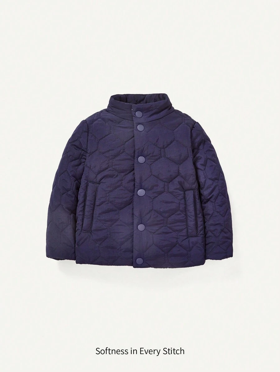 Baby Boy Slant Pockets Quilted Padded Coat - Navy Blue - View 1