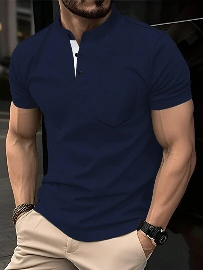 Manfinity Mode 男士夏季純色短袖休閒Polo衫，適合日常通勤