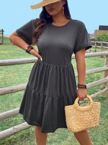 SHEIN LUNE Plus Size Summer Solid Color Short Sleeve Casual Dress - Dark Grey - View 6