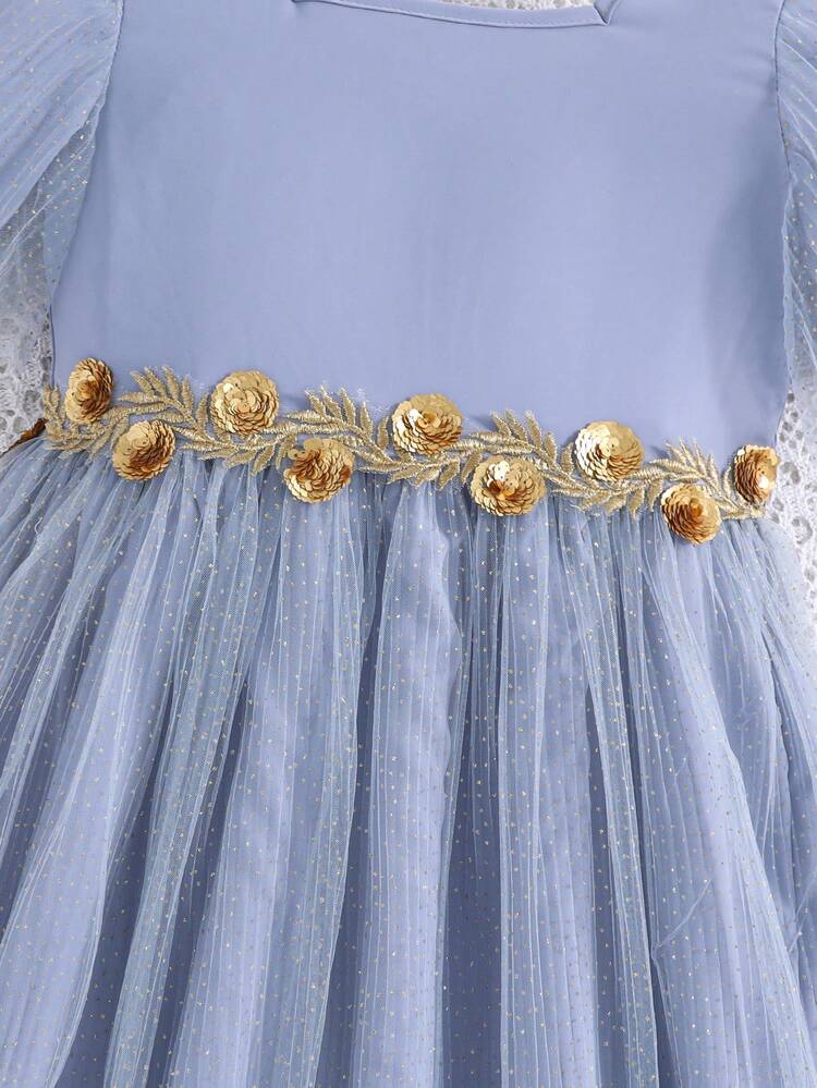 Tween Girl Square Neckline Mesh Overlay Pleated Dress