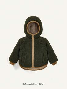 Baby Boy Contrast Binding Hooded Winter Jacket - Army Green - View 1