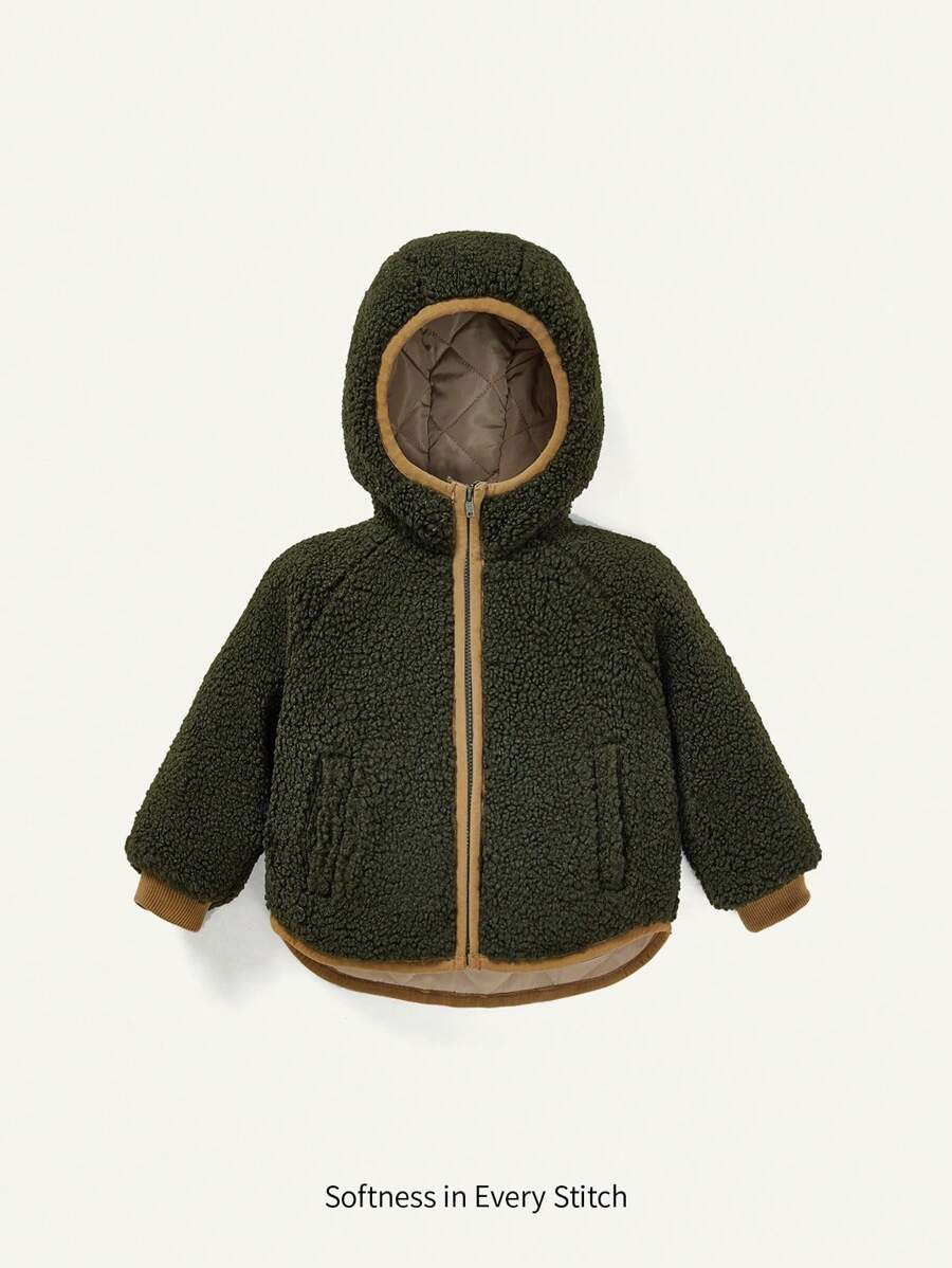 Baby Boy Contrast Binding Hooded Winter Jacket - Army Green - View 1
