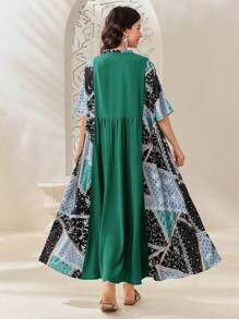 Seusyu 女式拼布花卉印花 V 领蝙蝠袖阿拉伯连衣裙 - 綠色 - 查看 2