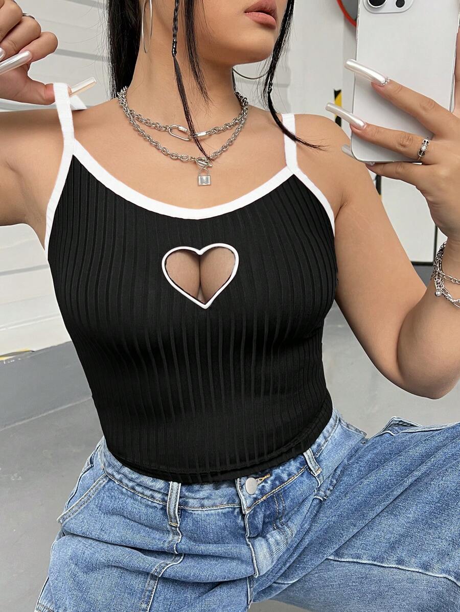 SHEIN EZwear Plus Size 2024 Spring/Summer Hollow Out Mesh Embroidery Ringer Cami Top For Valentine's Day - Black and White - View 1