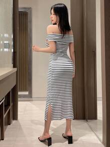 DAZY 女士夏季条纹露肩修身连衣裙，侧开衩设计，休闲女装鸡尾酒裙 - 白色 - 查看 5