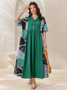 Seusyu 女式拼布花卉印花 V 领蝙蝠袖阿拉伯连衣裙 - 綠色 - 查看 4