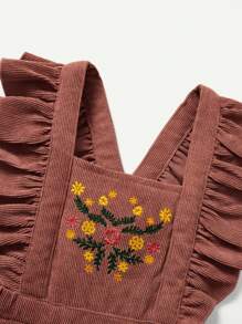 Cozy Pixies Baby Girl Floral Embroidery Leaf Ruffle Sleeveless Romper With Elastic Waistband Shorts - Dusty Pink - View 3