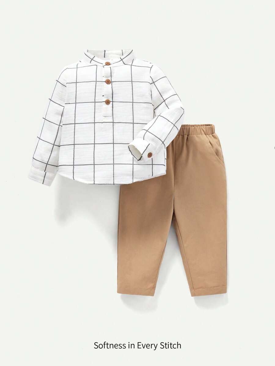 Cozy Pixies Baby Boy's Plaid Casual Half-Button Top And Solid Color Pants Set - Khaki - View 1