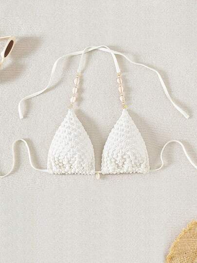 Swim Mod Summer Beach Shell Decorated Halter Bikini Top