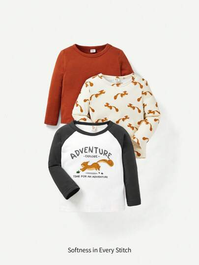 Cozy Pixies 3pcs Baby Boys' Cartoon Animal Pattern Jumper With Raglan Sleeve Design And Regular Fit Crewneck Sweatshirt Set