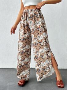 RueChic Vacation Style Small Floral Printed High Slit Wide Leg Pants - Beige - View 4