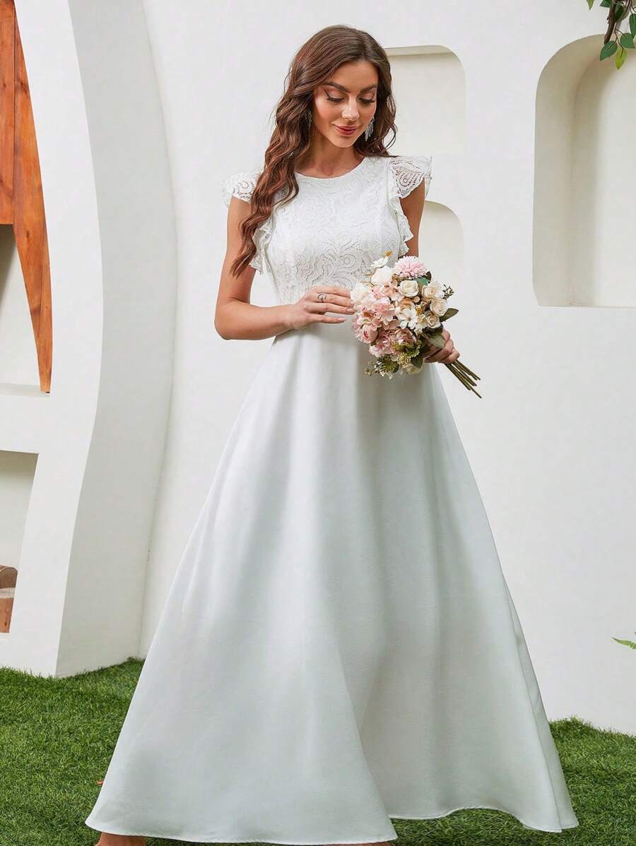 Women's Elegant Lace Splicing Solid Color Asymmetric Hem Bridal Wedding Dress With Ruffle - White - View 1