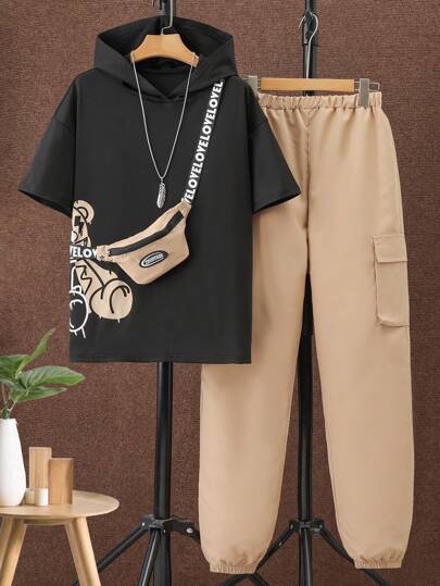 Teen Boy Bear Print Hooded Short Sleeve Top & Solid Color Tapered Leg Cargo Pants Two Pieces Set