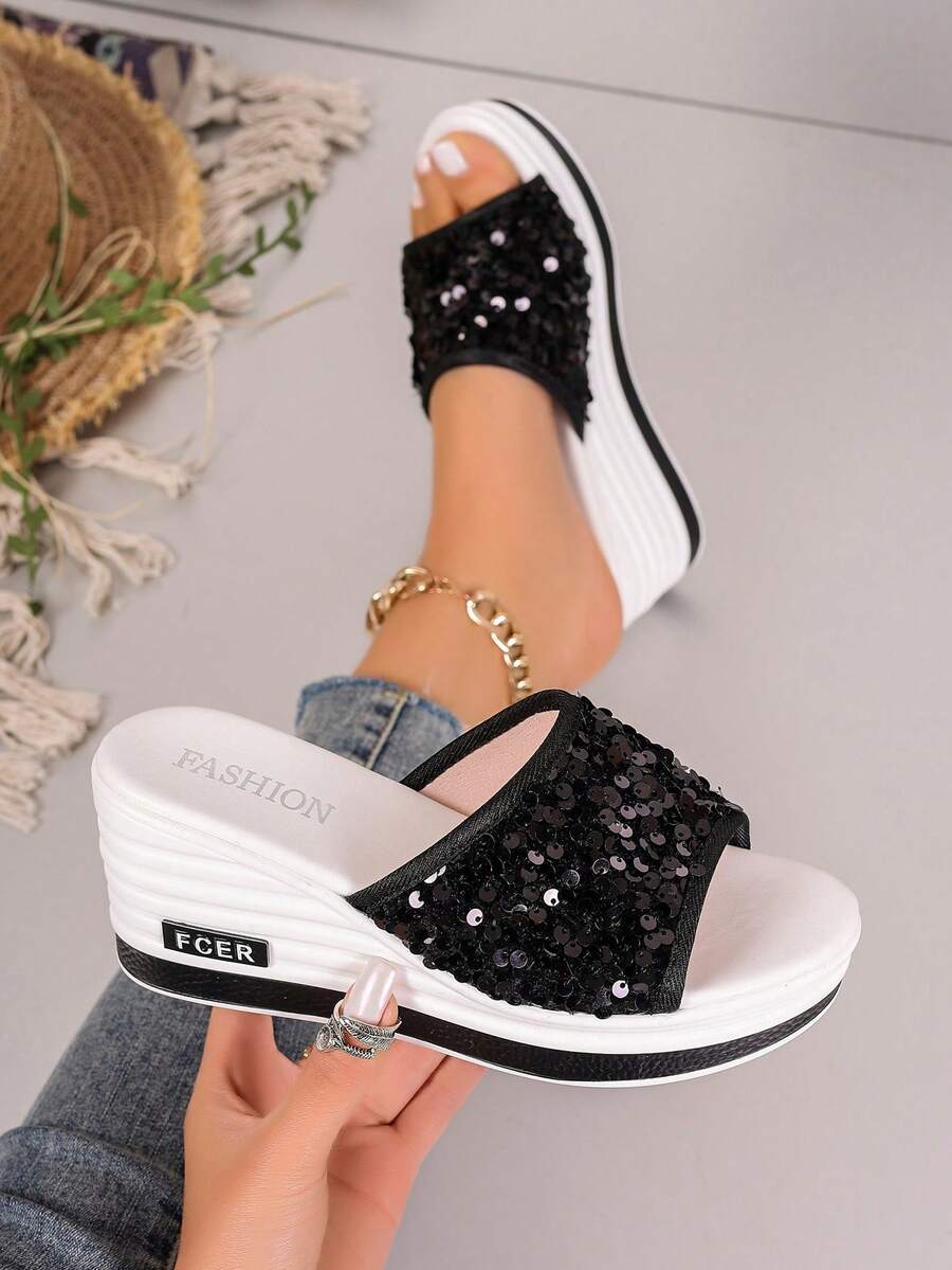 Dép quai chéo nữ, khối màu đen và trắng, đế cao hở mũi, dép xỏ ngón thường ngày cho tiệc bãi biển mùa hè - màu đen - Xem 1