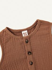 Cozy Pixies Baby Boy Solid Color Sleeveless Romper With Decorative Buttons, Round Neck