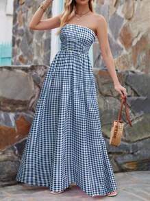 SHEIN Clasi 格紋印花百褶無肩帶連衣裙 - 藍色 - 查看 3